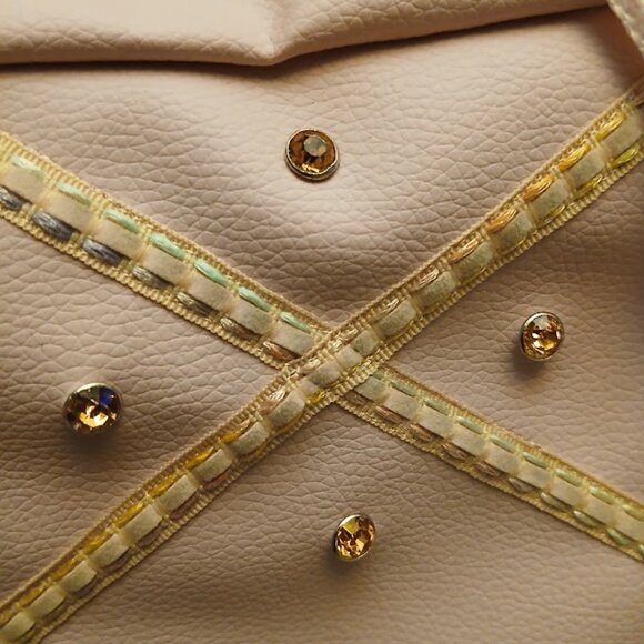 New Travel Sling Crossbody bag Pink Pebbled faux leather Peach rhinestone trim - Picture 4 of 12